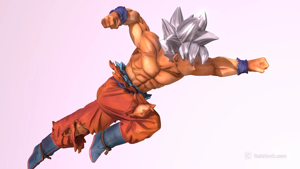 Silver Haired Muscular Anime Game Character In Red Pants And Blue Wristbands Fighting Stance 3d model 