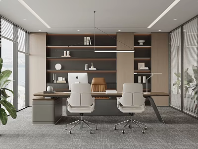 Modern Office Interior With Large Desk Two White Chairs Wooden Bookshelves And Potted Plants 3d model