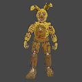 Creepy Yellow Damaged Robot With Blood Stained Body And Worn Parts