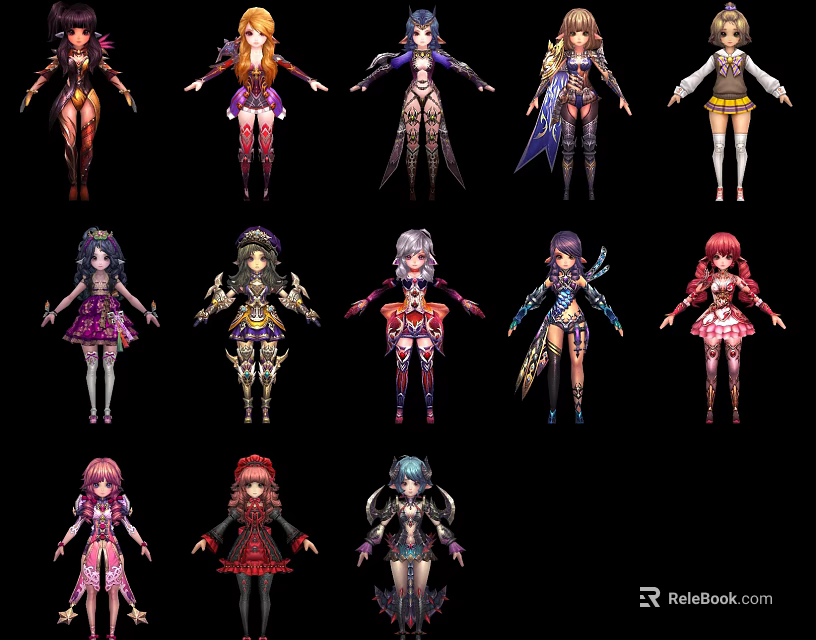 Diverse Game and Movie Characters with Anime Style Costumes and Unique Designs 3d model 
