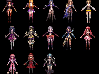 Diverse Game and Movie Characters with Anime Style Costumes and Unique Designs 3d model