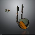 Mechanical Spherical Weapon With Green Orange Surface And Metal Structural Parts
