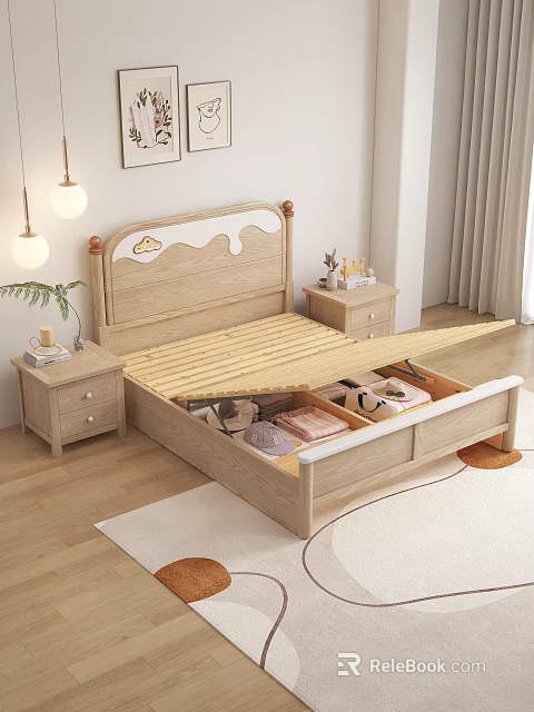 Wooden Bedroom Bed With Wavy Headboard Drawer Storage Nightstand And Lamp 3d model 