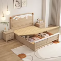 Wooden Bedroom Bed With Wavy Headboard Drawer Storage Nightstand And Lamp