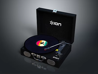 ION Black Open Case Turntable With Colorful Vinyl Record And Handle 3d model