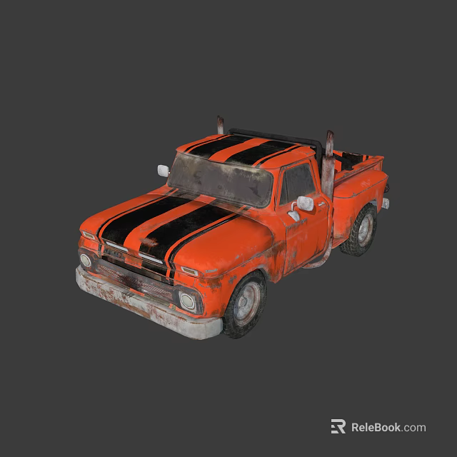 Vintage Orange Pickup Truck With Black Stripes And Retro Classic Design 3d model 