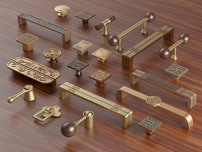 Various Decorative Cabinet Handles With Brass Finish And Ornate Carved Designs 3d model