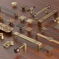 Various Decorative Cabinet Handles With Brass Finish And Ornate Carved Designs