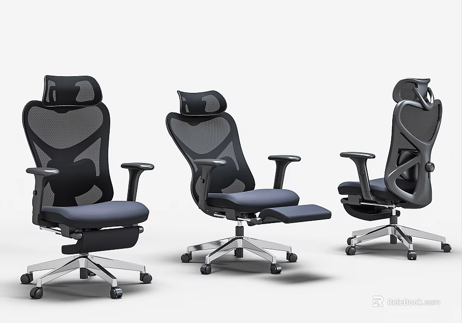 Three Modern Office Chairs With Mesh Back Armrests And Ergonomic Adjustable Design 3d model