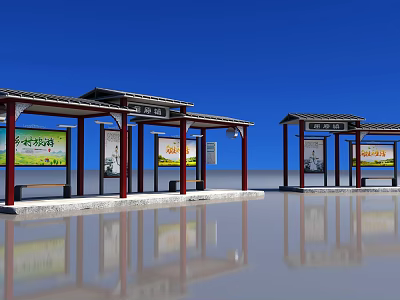 Rural Village Bus Station With Traditional Roof Advertising Boards And Seating Benches 3d model