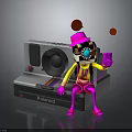 Cartoon Character With Pink Hat Holding Electronic Device Next To Polaroid Camera