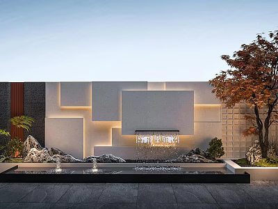 Modern Building Exterior Wall With Geometric Design Recessed Lighting And Landscape Elements 3d model