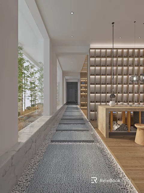 Elegant Indoor Corridor With Stone Path Bamboo Windows Grid Wall Storage And Hanging Lamp 3d model