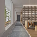 Elegant Indoor Corridor With Stone Path Bamboo Windows Grid Wall Storage And Hanging Lamp 3d model