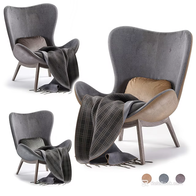 Modern Accent Chair with Gray Fabric Wooden Legs and Plaid Blanket Design 3d model 