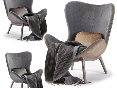 Modern Accent Chair with Gray Fabric Wooden Legs and Plaid Blanket Design 3d model