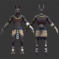 Mythical Jackal Headed Character 3D Model Purple Body Golden Decorations Blue Sash Front Back Views