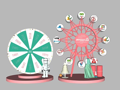 Vibrant Photo Check In Spot With Green Spinning Wheel Pink Ferris Wheel And Humanoid Doll 3d model