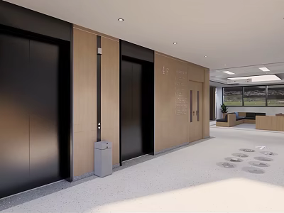 Modern Office Lobby With Open Design Marble Walls Glass Windows And Elevators 3d model
