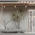 Designer Shop Window Display With Mannequin Clothing Potted Plants Modern Lighting And Decorative Stand