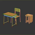 Simple Wooden Desk Chair And Metal Legs Side Table Furniture Set