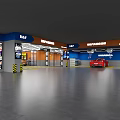 Modern Sports Car Dealership Showroom With Hexagonal Ceiling Lighting Yellow Gray Floor And Displayed Vehicles