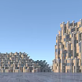 Modern Commercial Complex With Geometric Architecture Glass Curtain Walls And Open Plaza Under Blue Sky