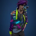 Cyberpunk Female Character With Purple Hair Mechanical Eye Chest Tattoo And Neon Glow