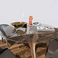 Modern Round Dining Table Set With Grey Leather Chairs And Decorative Tabletop Items 3d model