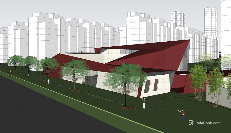 Modern Red Roof Sales Office Building With Trees Pedestrians And High Rise Buildings 3d model 