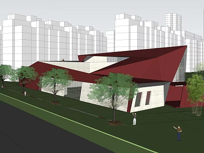 Modern Red Roof Sales Office Building With Trees Pedestrians And High Rise Buildings 3d model