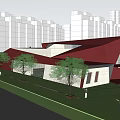 Modern Red Roof Sales Office Building With Trees Pedestrians And High Rise Buildings