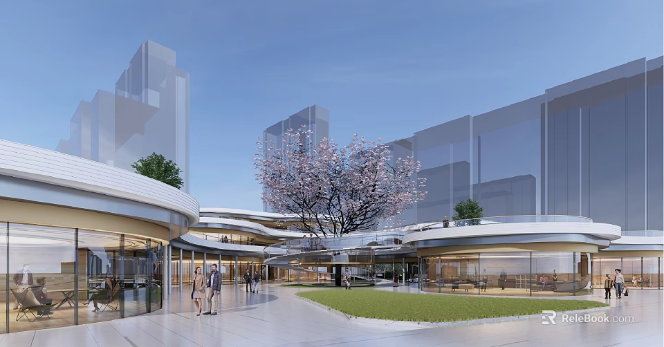 Modern Sales Office Building with Glass Curtain Walls Landscaped Courtyard and People Gathering 3d model 