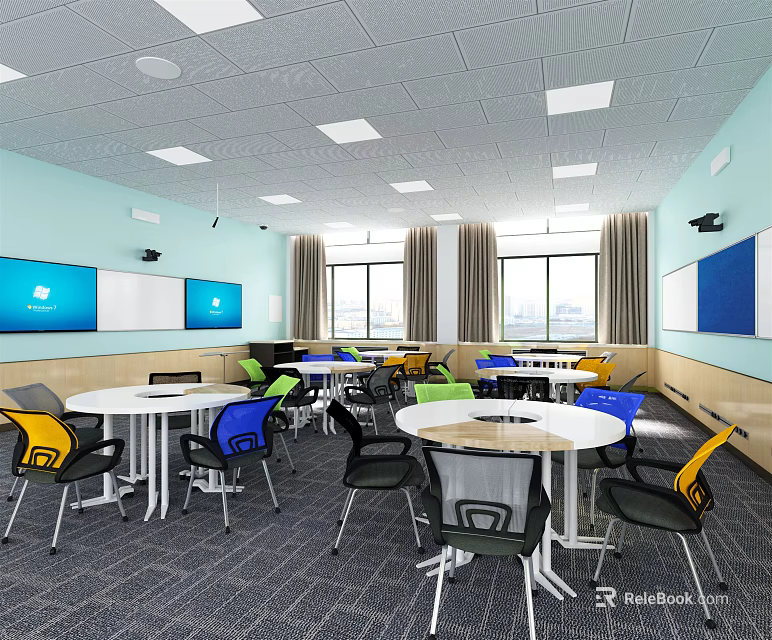 Modern School Classroom With Round Tables Colorful Chairs Whiteboards And Large Windows 3d model 