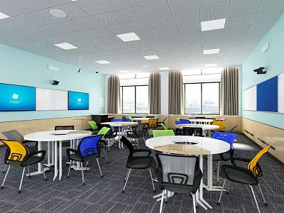 Modern School Classroom With Round Tables Colorful Chairs Whiteboards And Large Windows 3d model