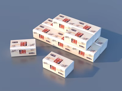 Stacked White Household Tissue Boxes With Red Labels And Multiple Units 3d model