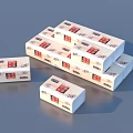 Stacked White Household Tissue Boxes With Red Labels And Multiple Units