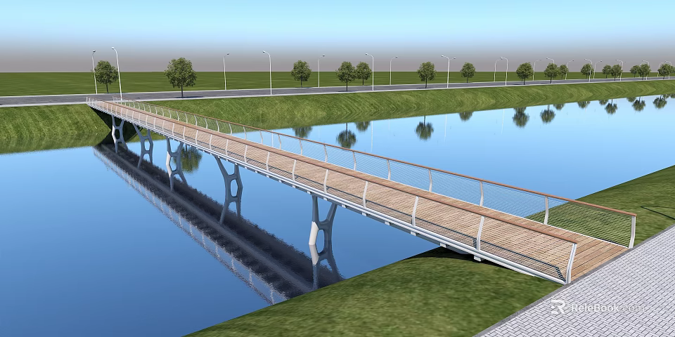 Modern River Bridge with Wooden Walkway Metal Railings Reflection Green Grass Trees Street Lights 3d model 