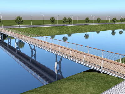 Modern River Bridge with Wooden Walkway Metal Railings Reflection Green Grass Trees Street Lights 3d model