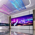 Modern Front Desk Reception Area With Colorful Chandelier Large LED Screen Display And Luxurious Interior