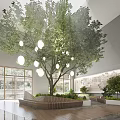 Modern Front Desk Reception Area With Large Green Tree And Wooden Counter