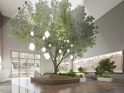 Modern Front Desk Reception Area With Large Green Tree And Wooden Counter 3d model