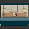 Modern Double Bed With Teal Headboard White Gold Square Patterns Orange Pillows Blanket And Bedspread