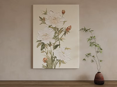 Abstract Painting With White Flowers Green Leaves On Beige Wall Interior Decor 3d model