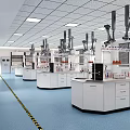 Modern Laboratory Interior With Lab Benches Scientific Equipment And Blue Flooring