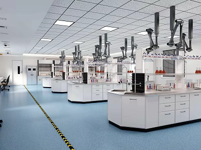Modern Laboratory Interior With Lab Benches Scientific Equipment And Blue Flooring 3d model