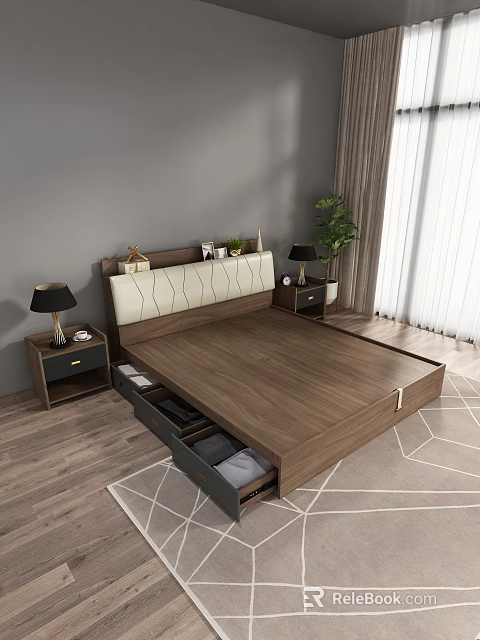 Modern Wooden Double Bed With Storage Drawers Nightstands And Table Lamps 3d model 