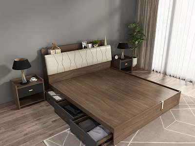 Modern Wooden Double Bed With Storage Drawers Nightstands And Table Lamps 3d model