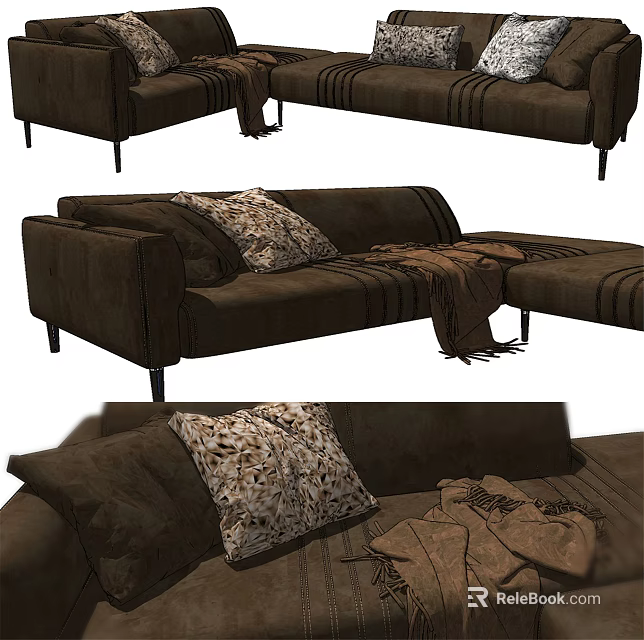 Brown Sectional Sofa With Decorative Pillows And Cozy Blanket For Modern Living Space 3d model 