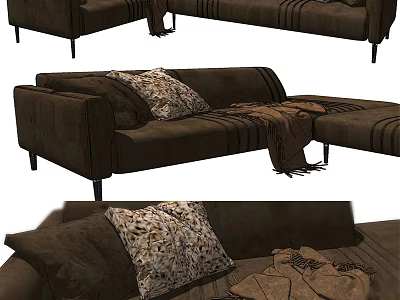 Brown Sectional Sofa With Decorative Pillows And Cozy Blanket For Modern Living Space 3d model
